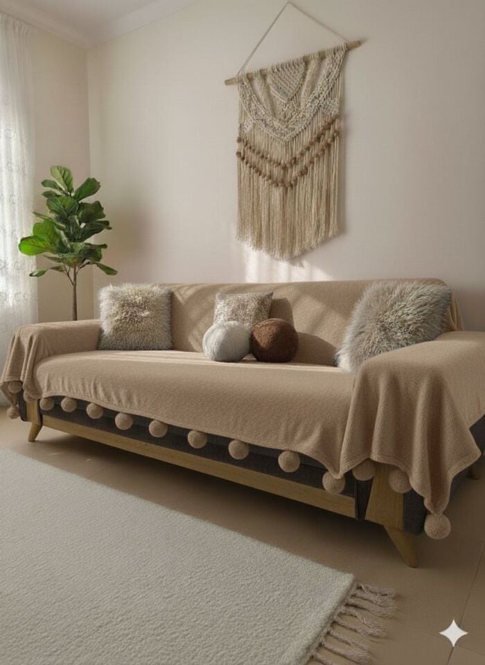 Tam Boy Ponponlu Koltuk Örtüsü