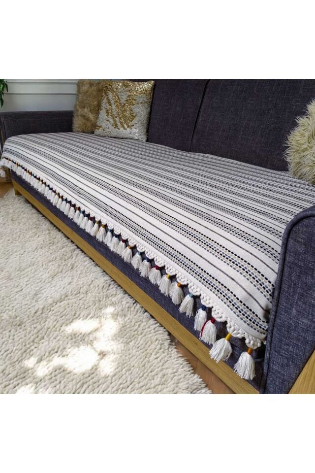 Keten Püsküllü Koltuk Örtüsü