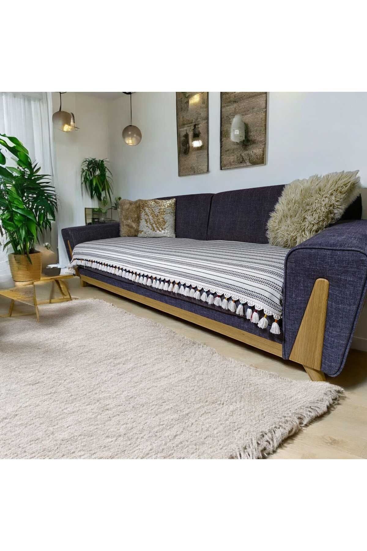 Keten Püsküllü Koltuk Örtüsü