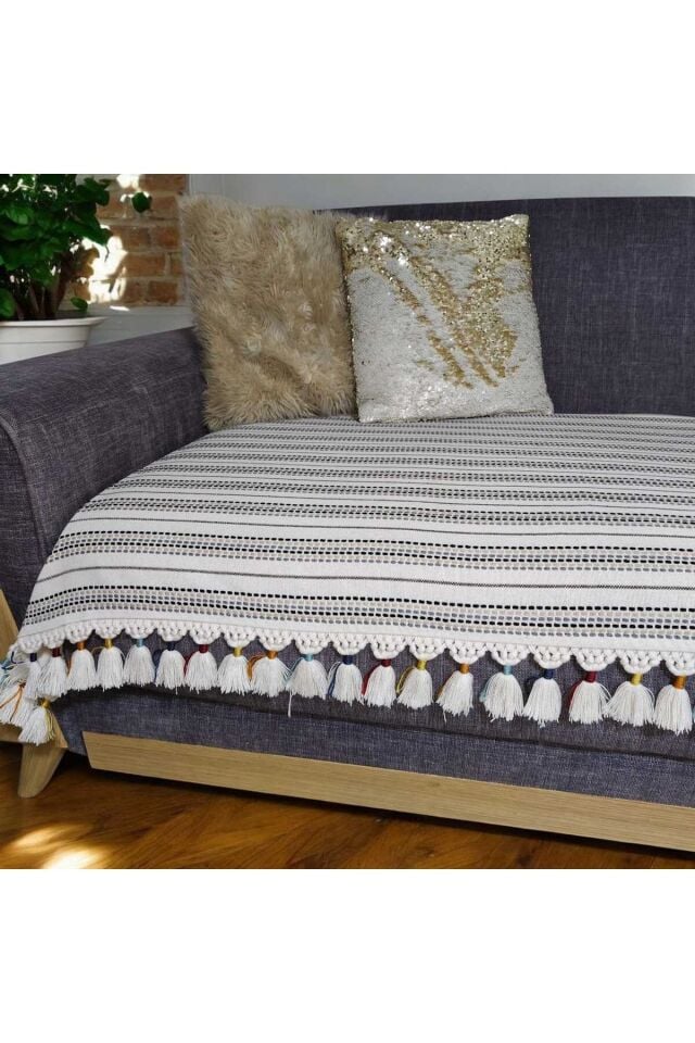 Keten Püsküllü Koltuk Örtüsü