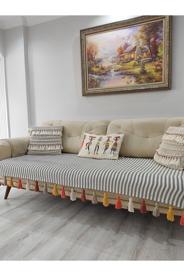 Renkli Püsküllü Koltuk Örtüsü -  90x210 (1 ADET)