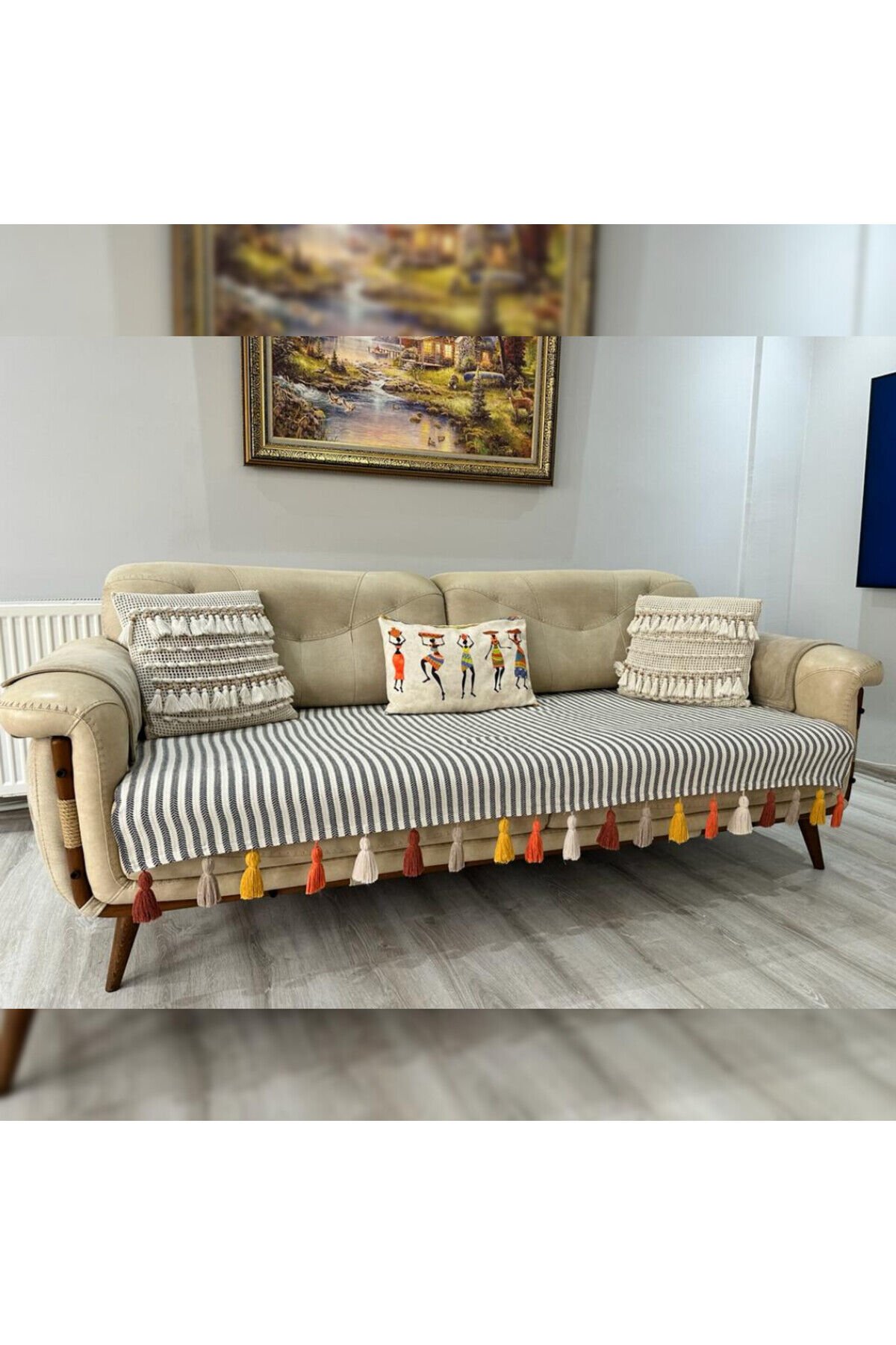 Renkli Püsküllü Koltuk Örtüsü -  90x210 (1 ADET)