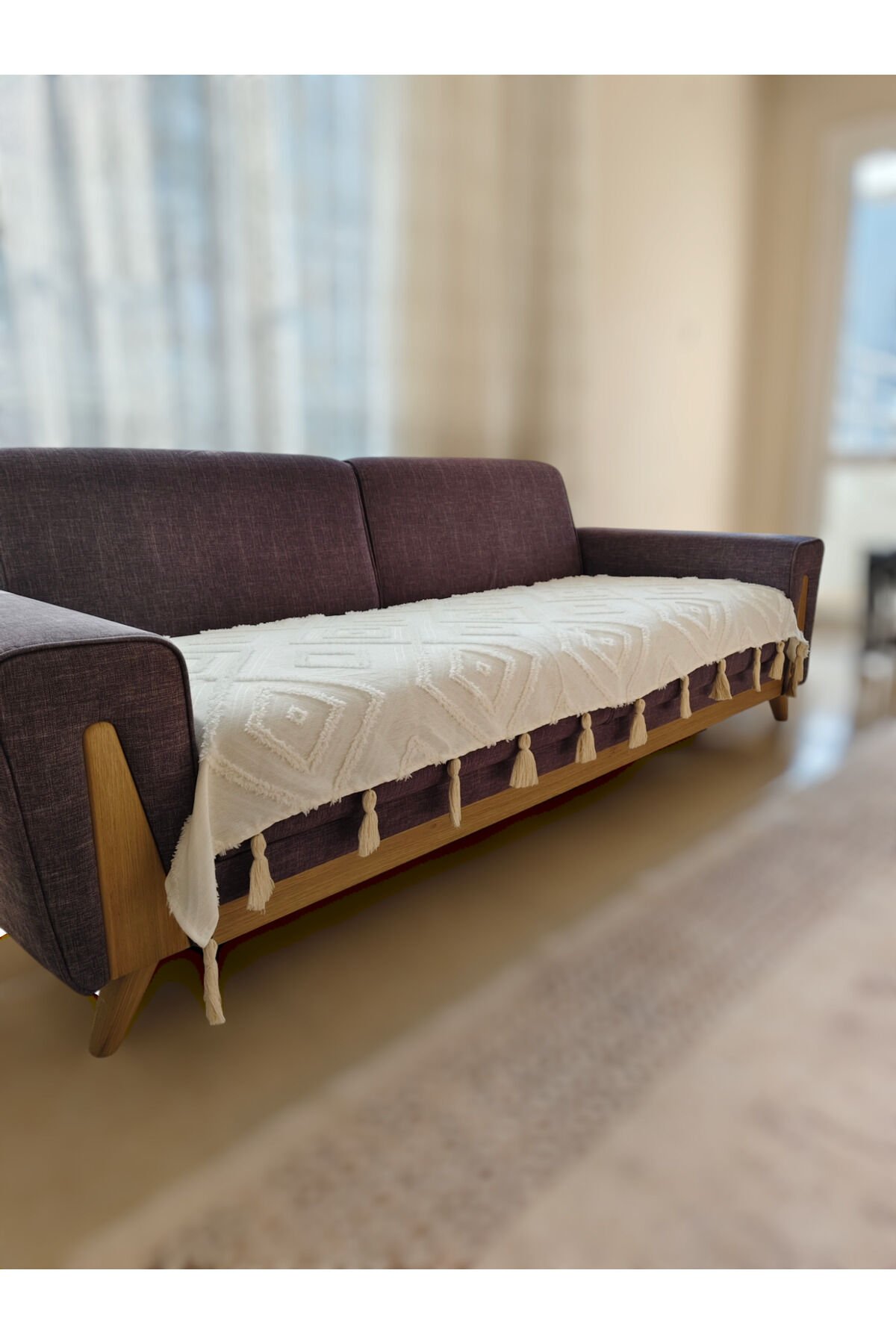 İskandinav Desenli Bohem Püsküllü Koltuk Örtüsü - 90x210